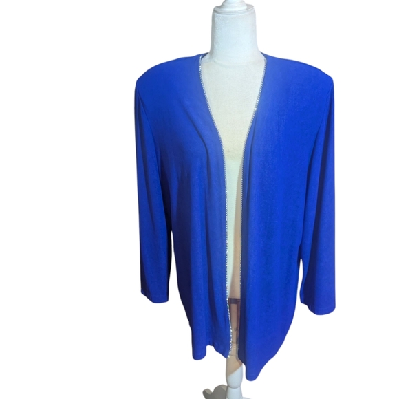 Alex Evenings Blue Fine Knit Rhinestone Trim Long Open Front Blazer/Cardigan 16W - Picture 1 of 9